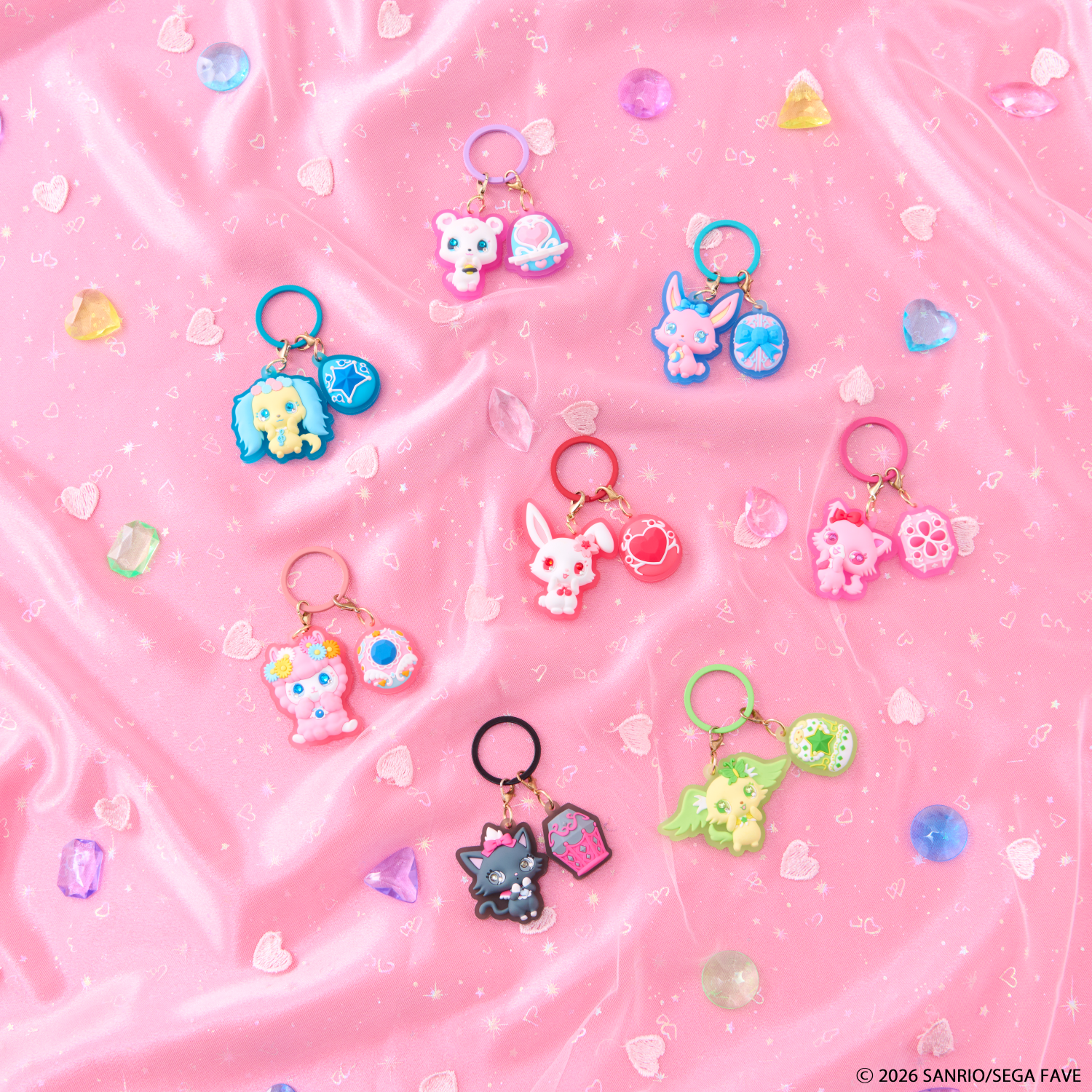 シークレットぷっくりキーホルダーの正式内容見本。全8柄で、単品と全8種入りは販売単位が異なる